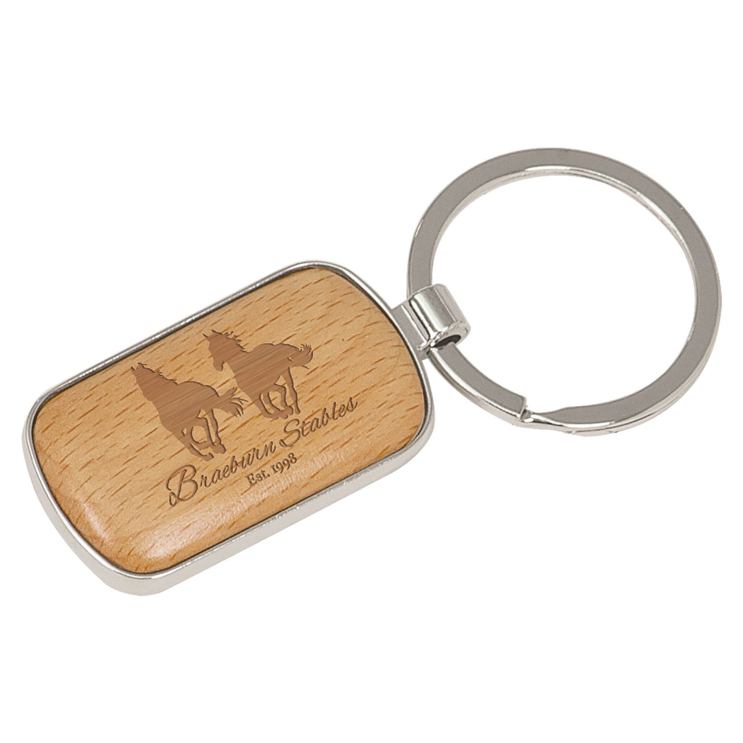 Silver/Wood Engravable Rounded Corner Rectangle Keychain - 1" x 1 3/4"