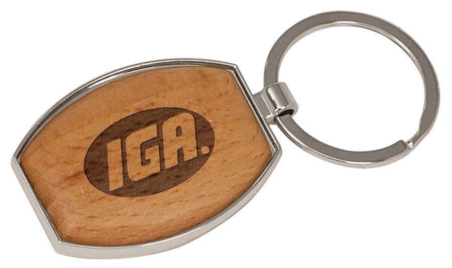 Silver/Wood Engravable Oval Keychain - 1 1/2" x 1 15/16"