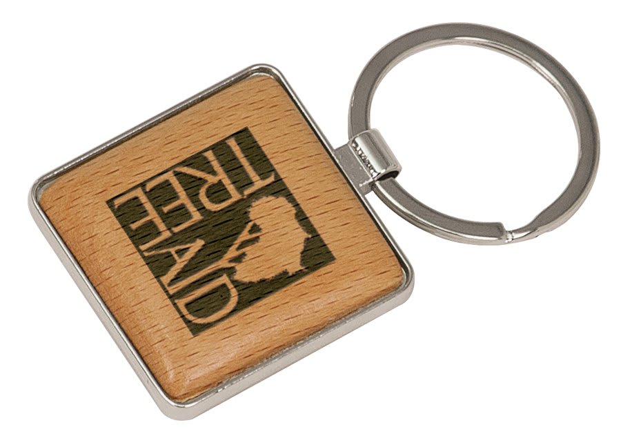 Silver/Wood Engravable Square Keychain - 1 9/16" x 1 9/16"