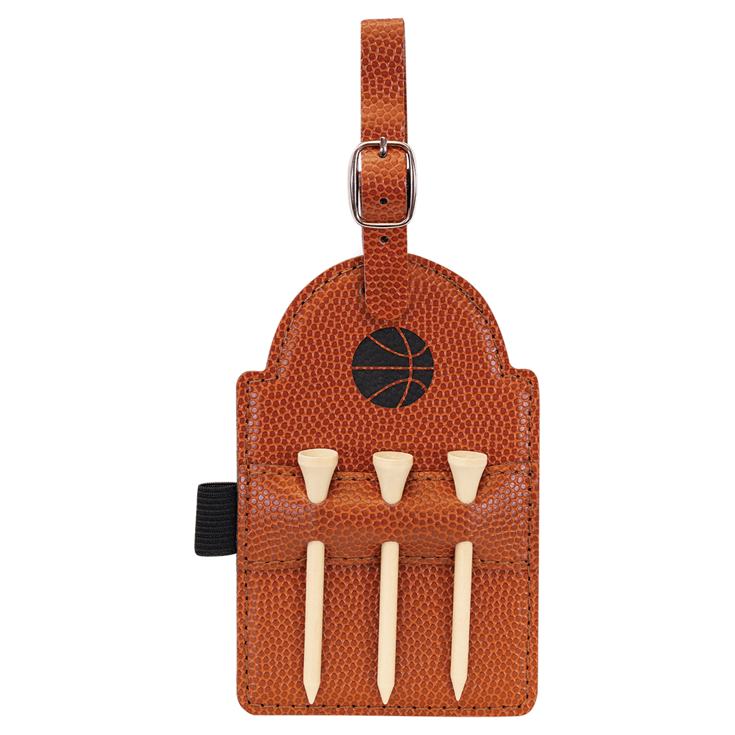 Basketball Engravable Leatherette Golf Bag Tag with 3 Wooden Tees - 5" x 3 1/4"