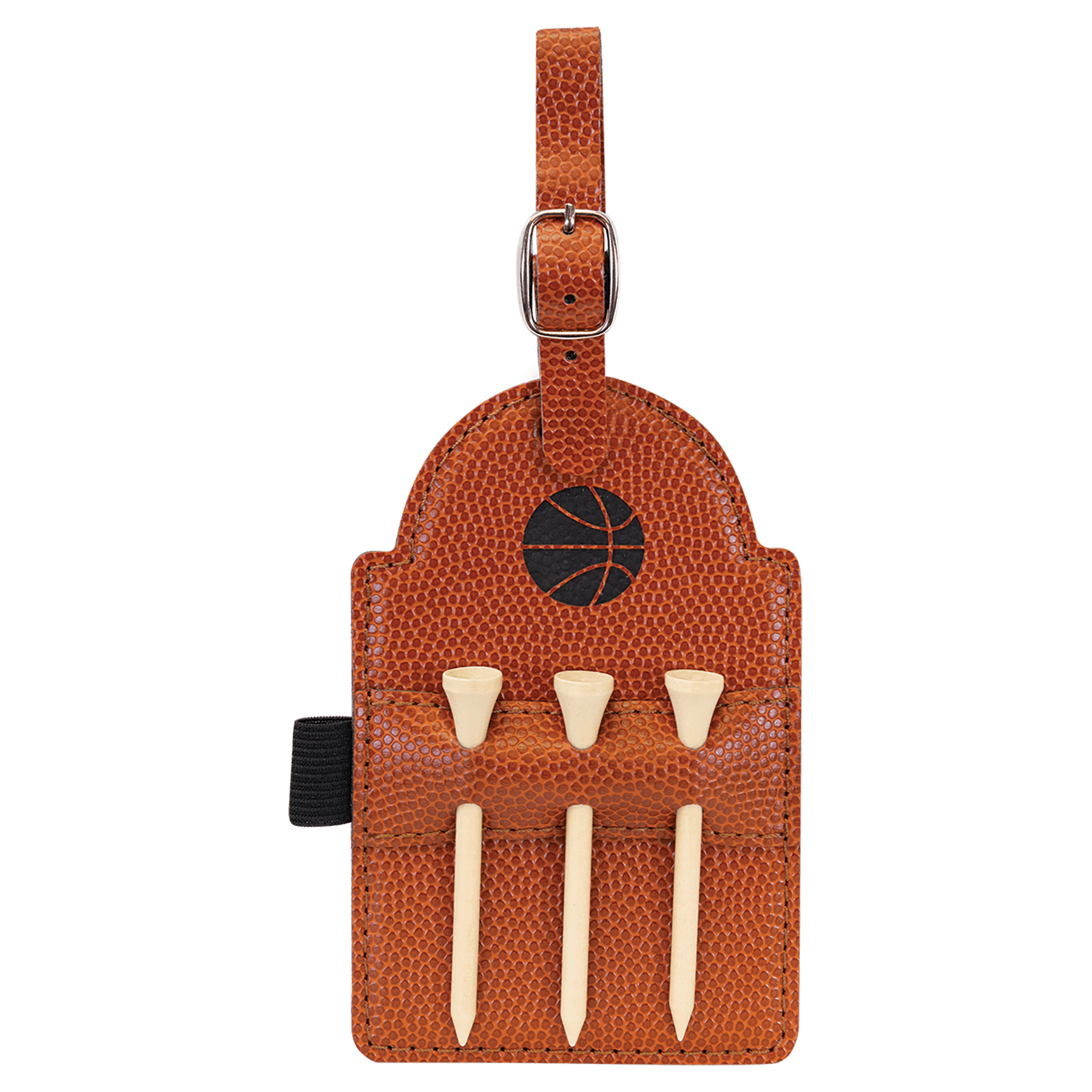 Basketball Engravable Leatherette Golf Bag Tag with 3 Wooden Tees - 5" x 3 1/4"