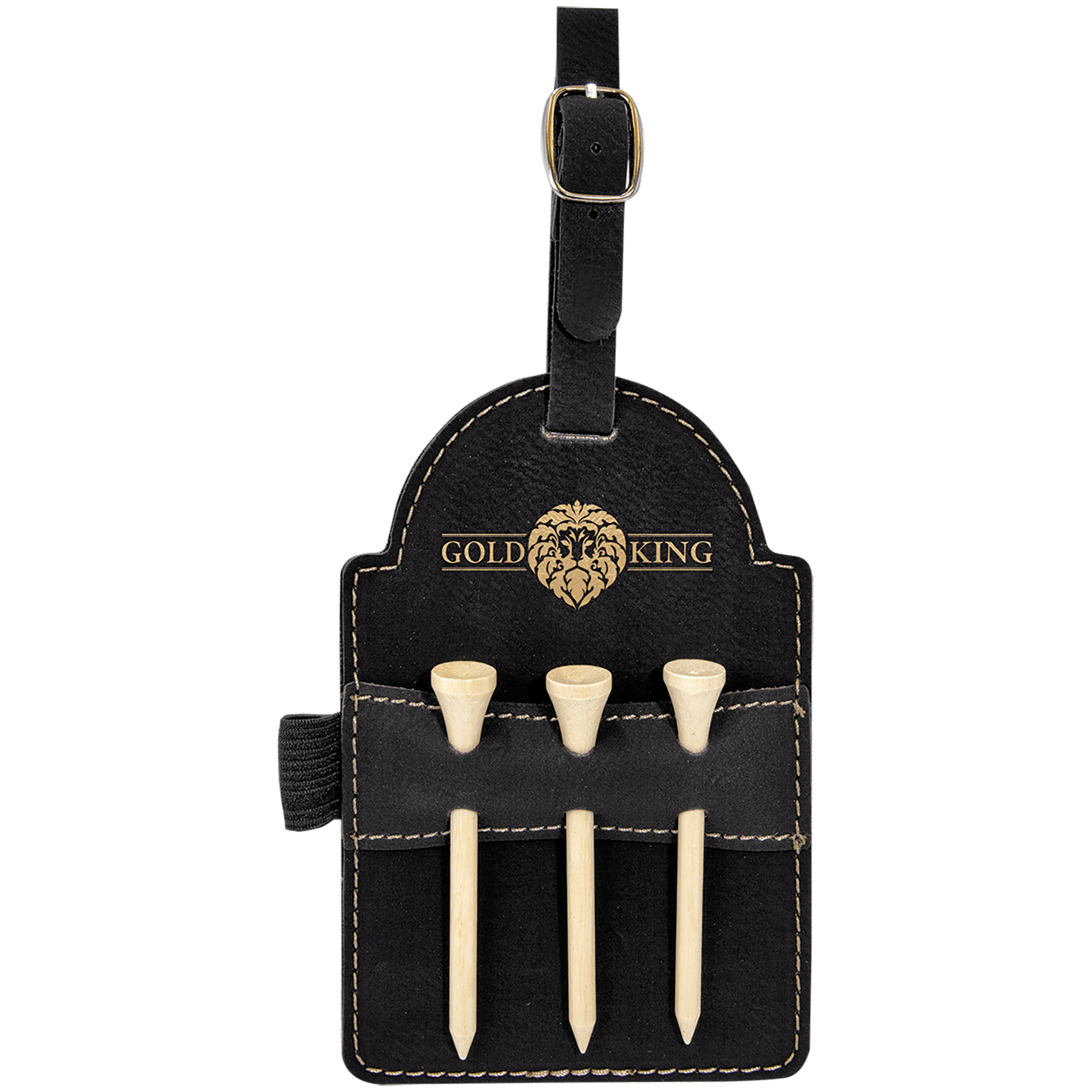 Black/Gold Engravable Leatherette Golf Bag Tag with 3 Wooden Tees - 5" x 3 1/4"