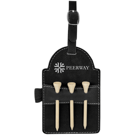 Black/Silver Engravable Leatherette Golf Bag Tag with 3 Wooden Tees - 5" x 3 1/4"