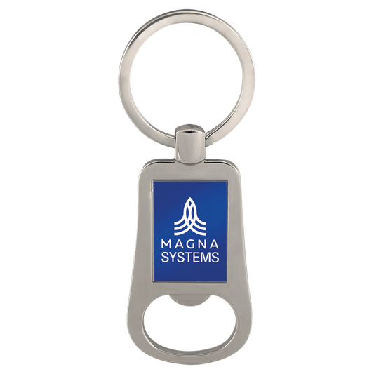 2 1/8" Silver/Blue Laserable Bottle Opener Keychain