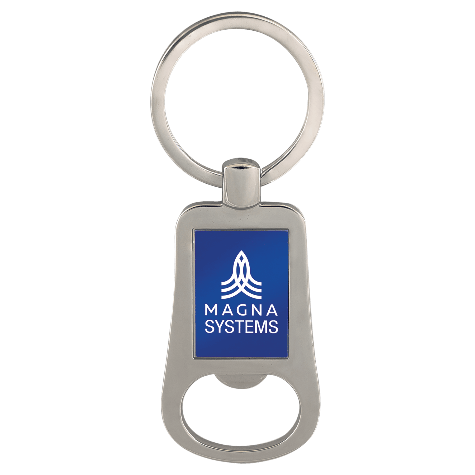 Silver/Blue Engravable Bottle Opener Keychain - 2 1/8"