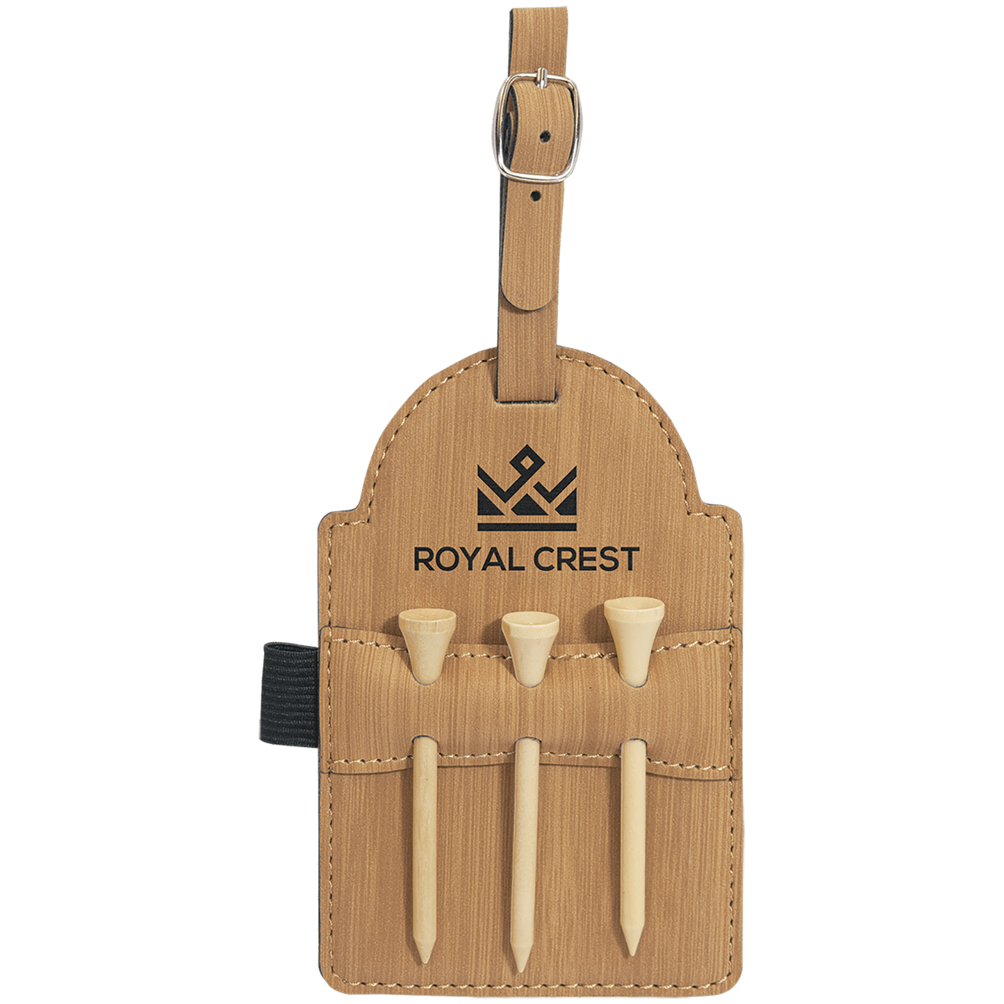 Bamboo Engravable Leatherette Golf Bag Tag with 3 Wooden Tees - 5" x 3 1/4"