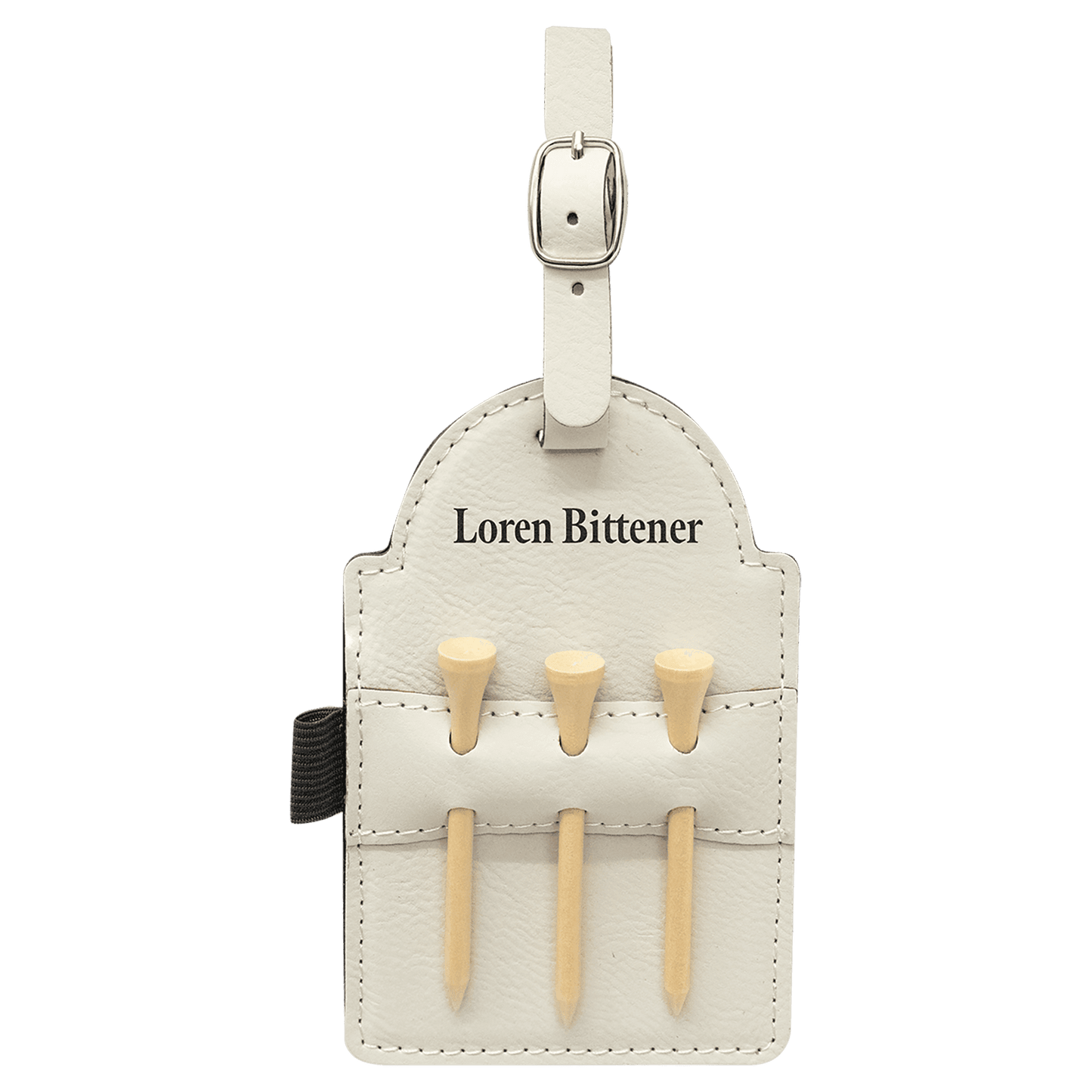 White Engravable Leatherette Golf Bag Tag with 3 Wooden Tees - 5" x 3 1/4"
