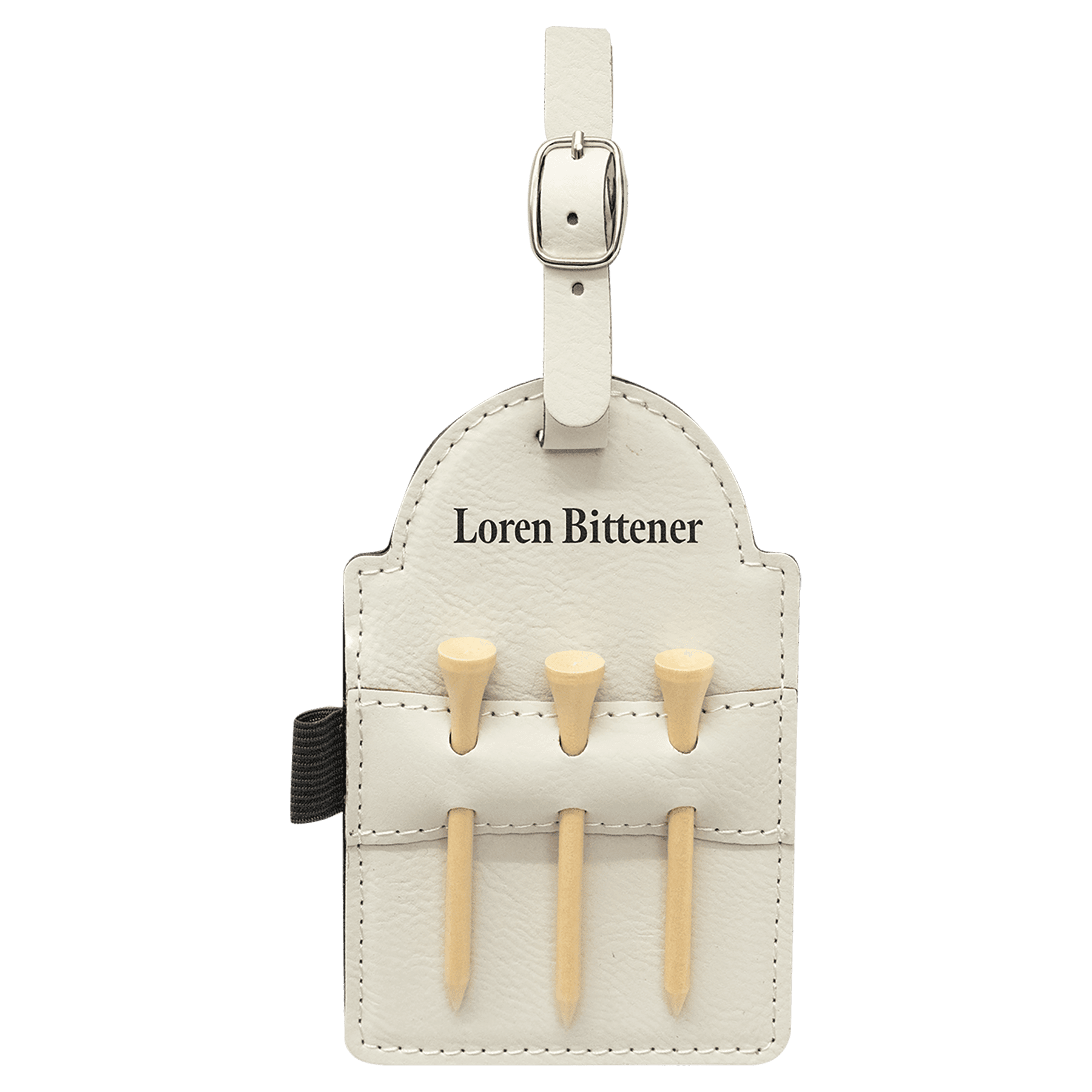 White Engravable Leatherette Golf Bag Tag with 3 Wooden Tees - 5" x 3 1/4"