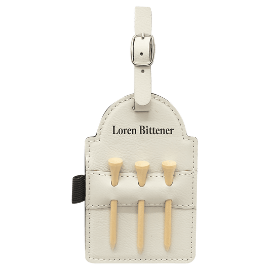 White Engravable Leatherette Golf Bag Tag with 3 Wooden Tees - 5" x 3 1/4"