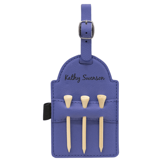 5" x 3 1/4" Purple Laserable Leatherette Golf Bag Tag with 3 Wooden Tees