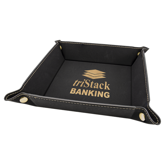6" x 6" Black/Gold Laserable Leatherette Snap Up Tray with Gold Snaps