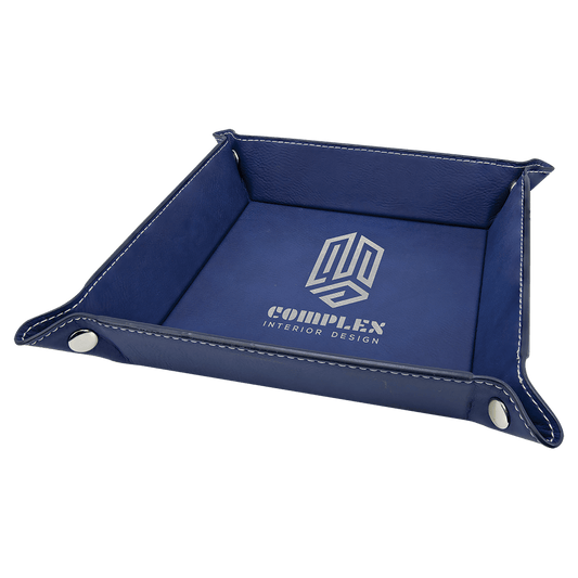 Blue/Silver Engravable Leatherette Snap Up Tray with Silver Snaps - 6" x 6"
