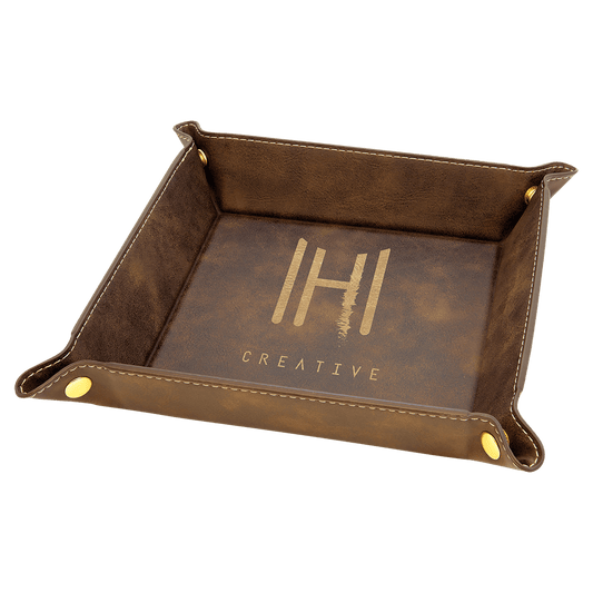 Rustic/Gold Engravable Leatherette Snap Up Tray with Gold Snaps - 6" x 6"