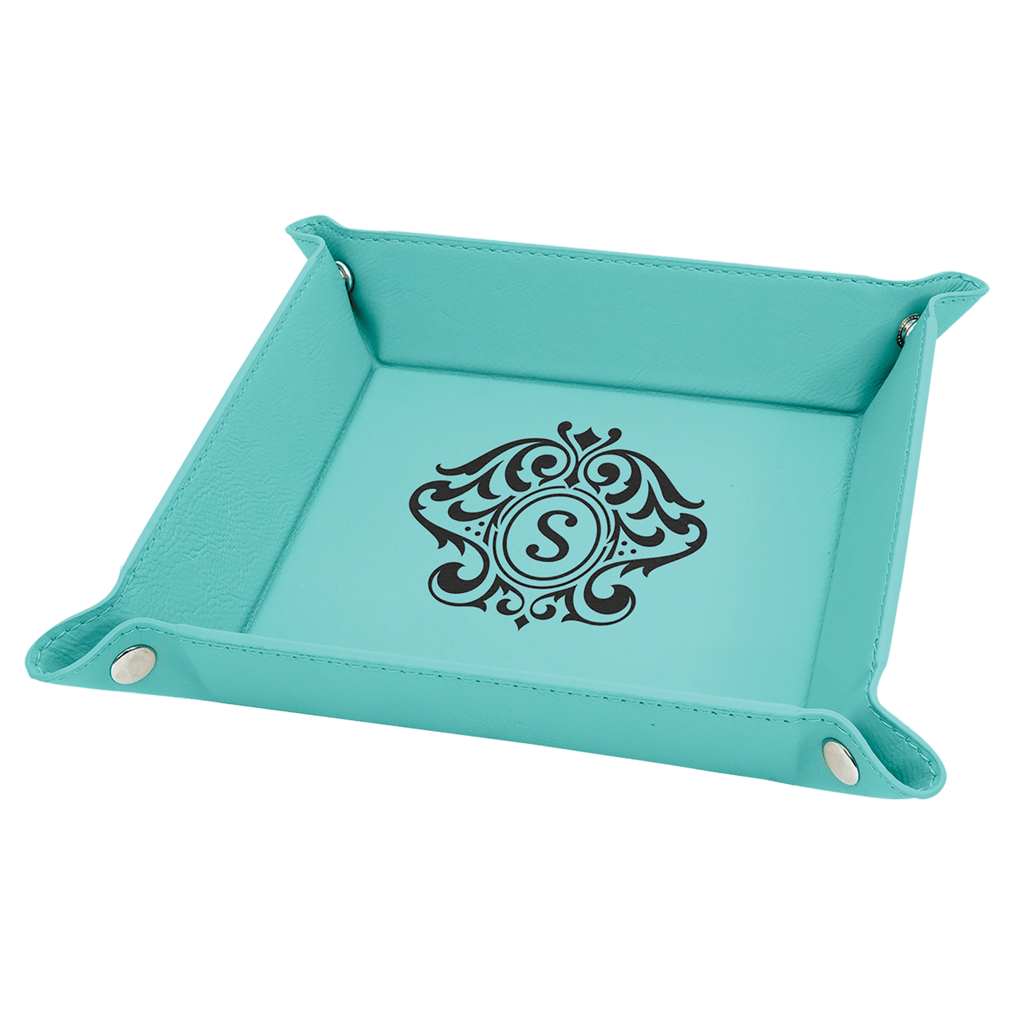 Teal Engravable Leatherette Snap Up Tray with Silver Snaps - 6" x 6"