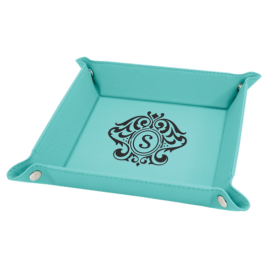 Teal Engravable Leatherette Snap Up Tray with Silver Snaps - 6" x 6"