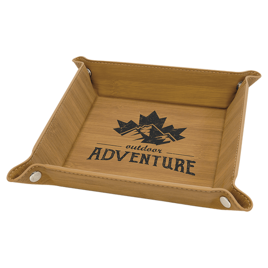 6" x 6" Bamboo Laserable Leatherette Snap Up Tray with Silver Snaps