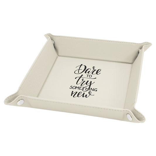 White Engravable Leatherette Snap Up Tray with Silver Snaps - 6" x 6"
