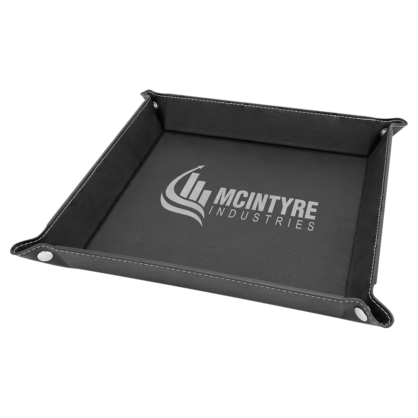 Black/Silver Engravable Leatherette Snap Up Tray with Silver Snaps - 9" x 9"