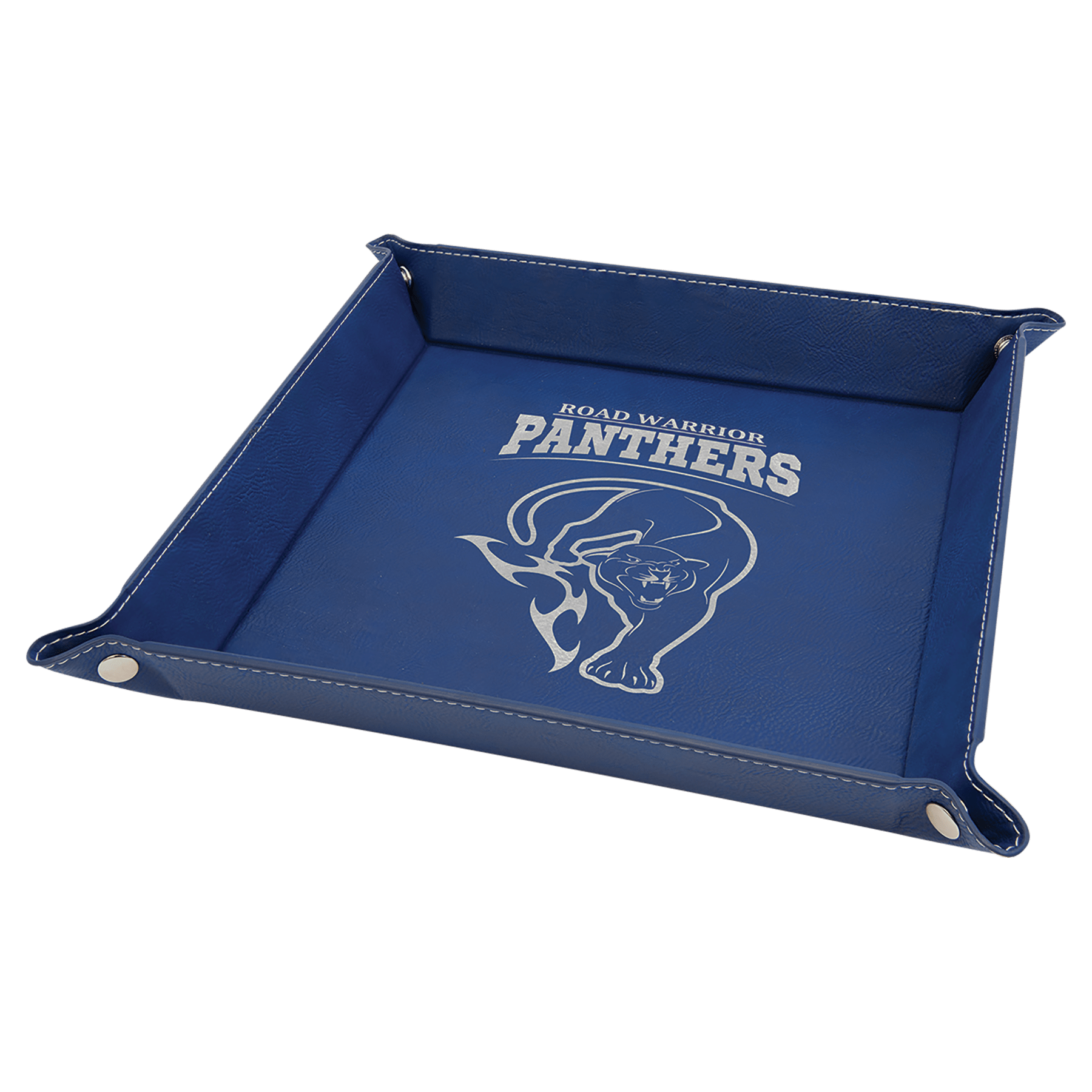 Blue/Silver Engravable Leatherette Snap Up Tray with Silver Snaps - 9" x 9"
