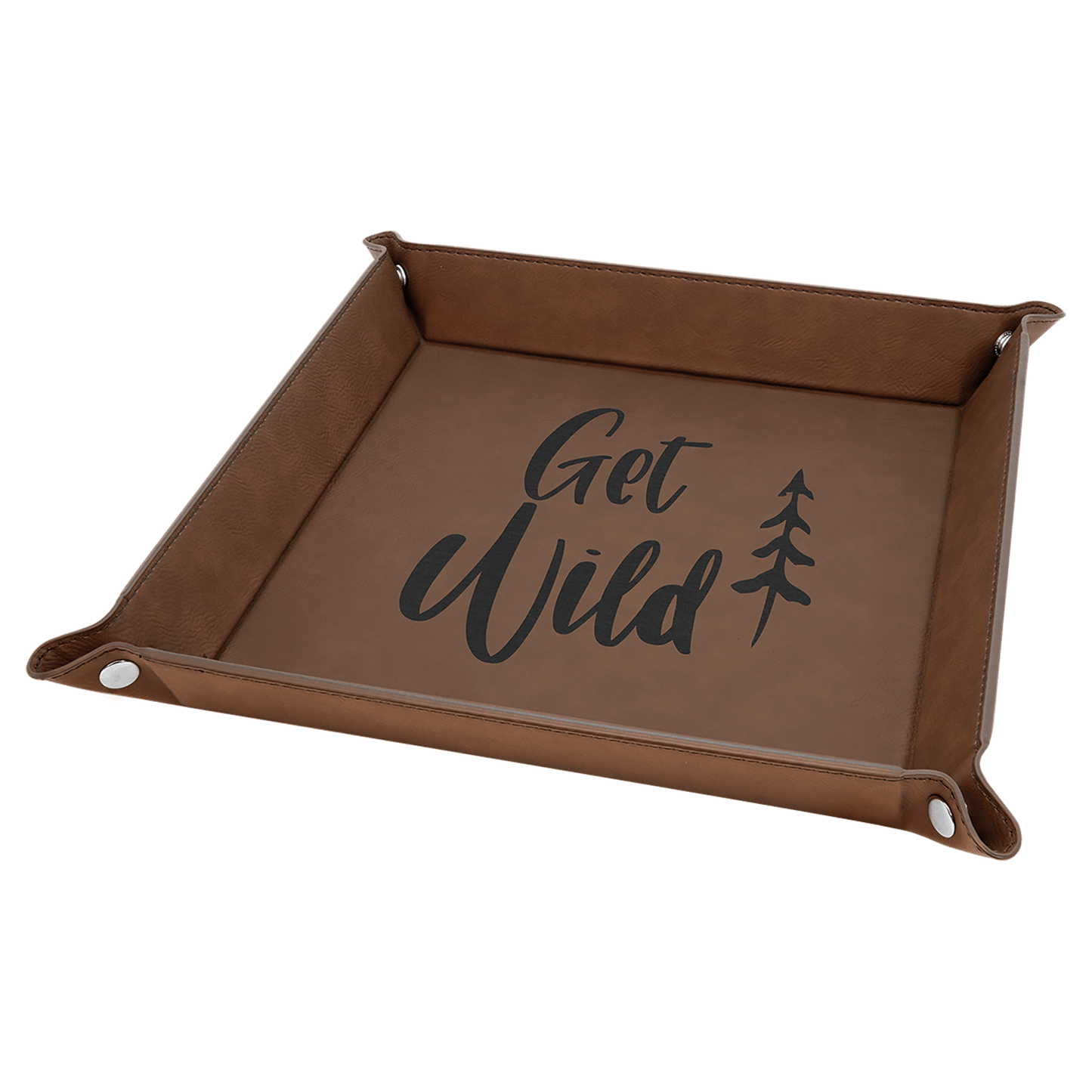Dark Brown Engravable Leatherette Snap Up Tray with Silver Snaps - 9" x 9"