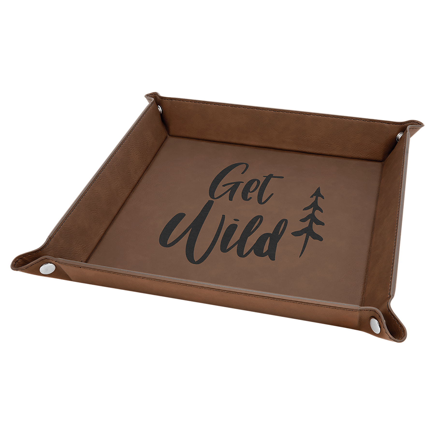 Dark Brown Engravable Leatherette Snap Up Tray with Silver Snaps - 9" x 9"