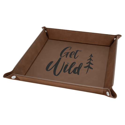 9" x 9" Dark Brown Laserable Leatherette Snap Up Tray with Silver Snaps