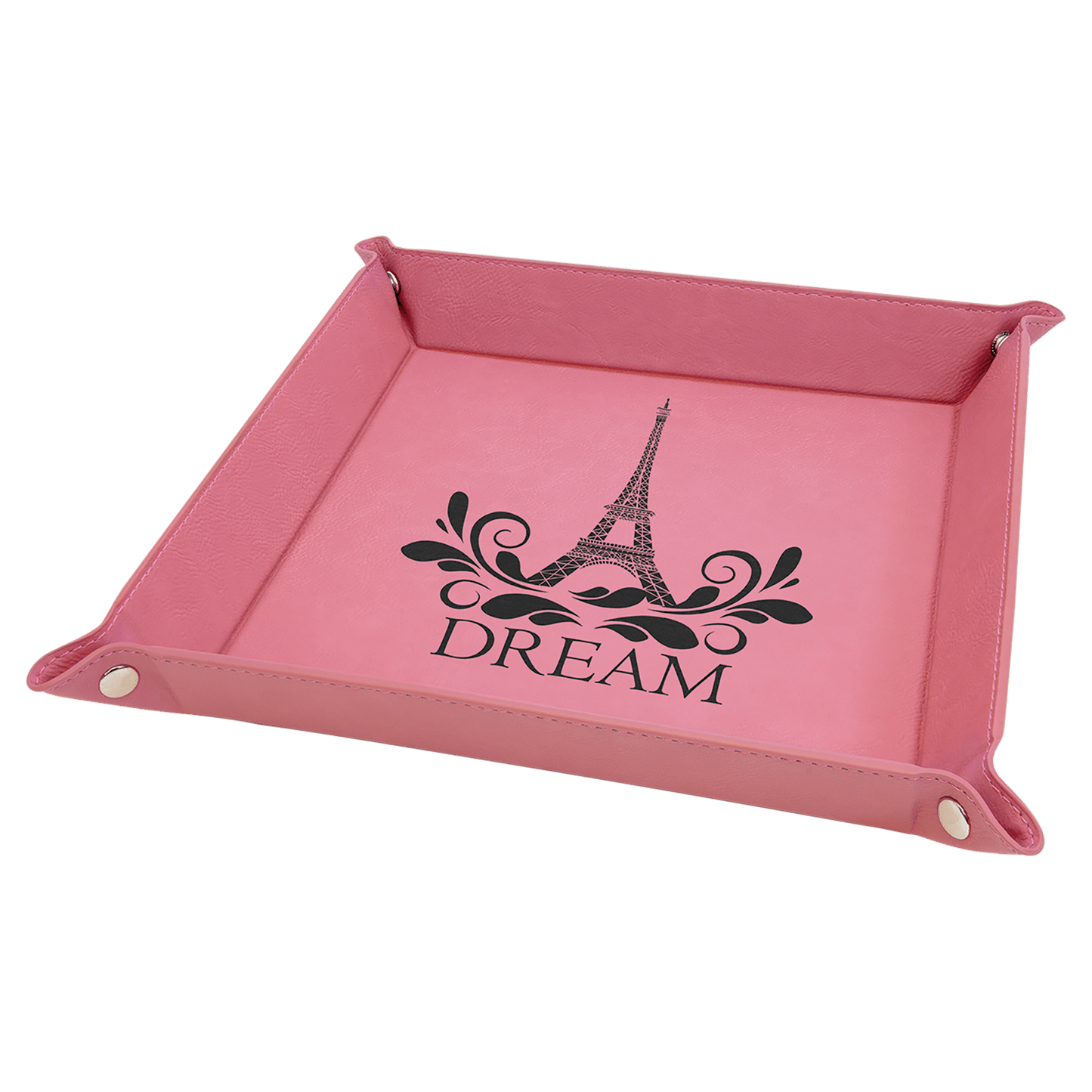 Pink Engravable Leatherette Snap Up Tray with Silver Snaps - 9" x 9"