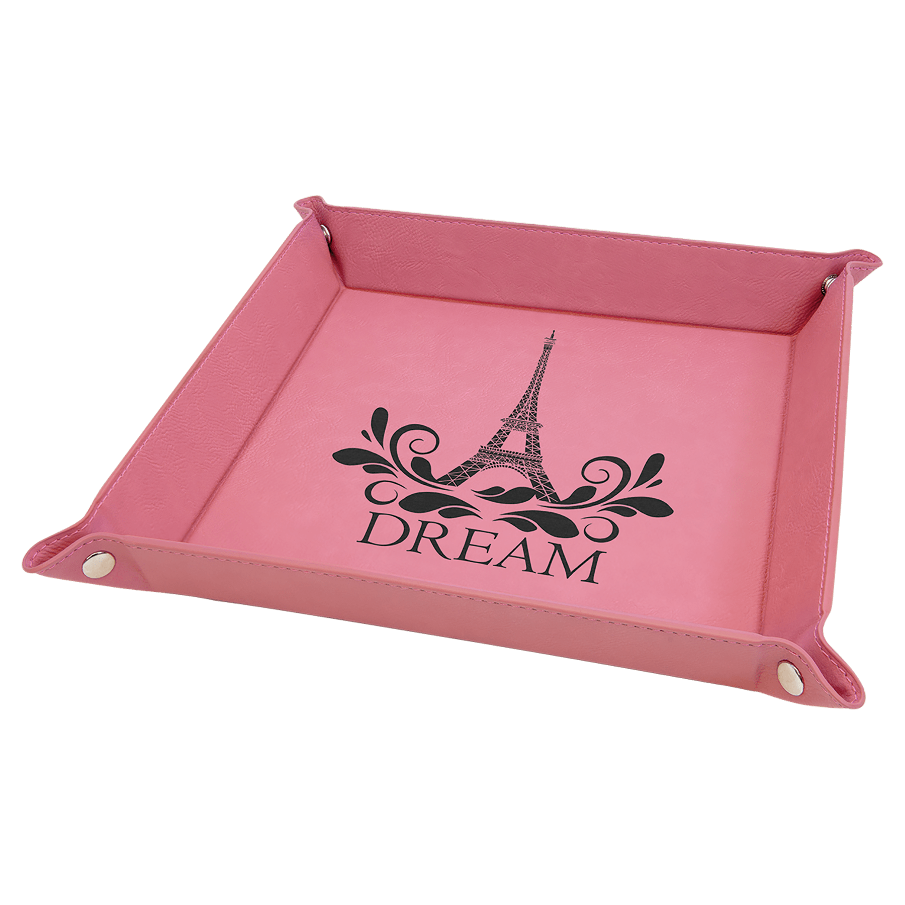 Pink Engravable Leatherette Snap Up Tray with Silver Snaps - 9" x 9"