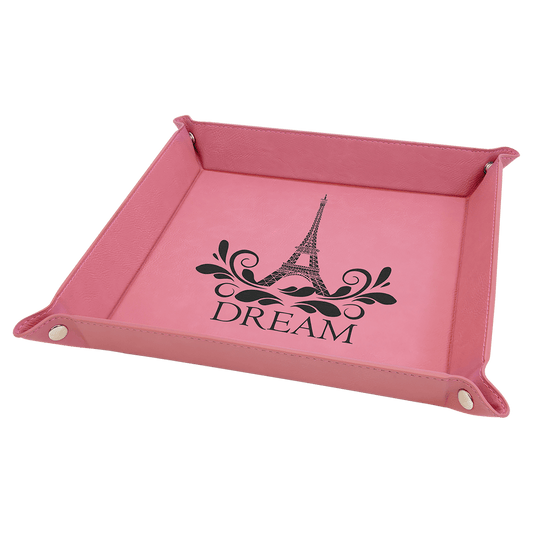 Pink Engravable Leatherette Snap Up Tray with Silver Snaps - 9" x 9"
