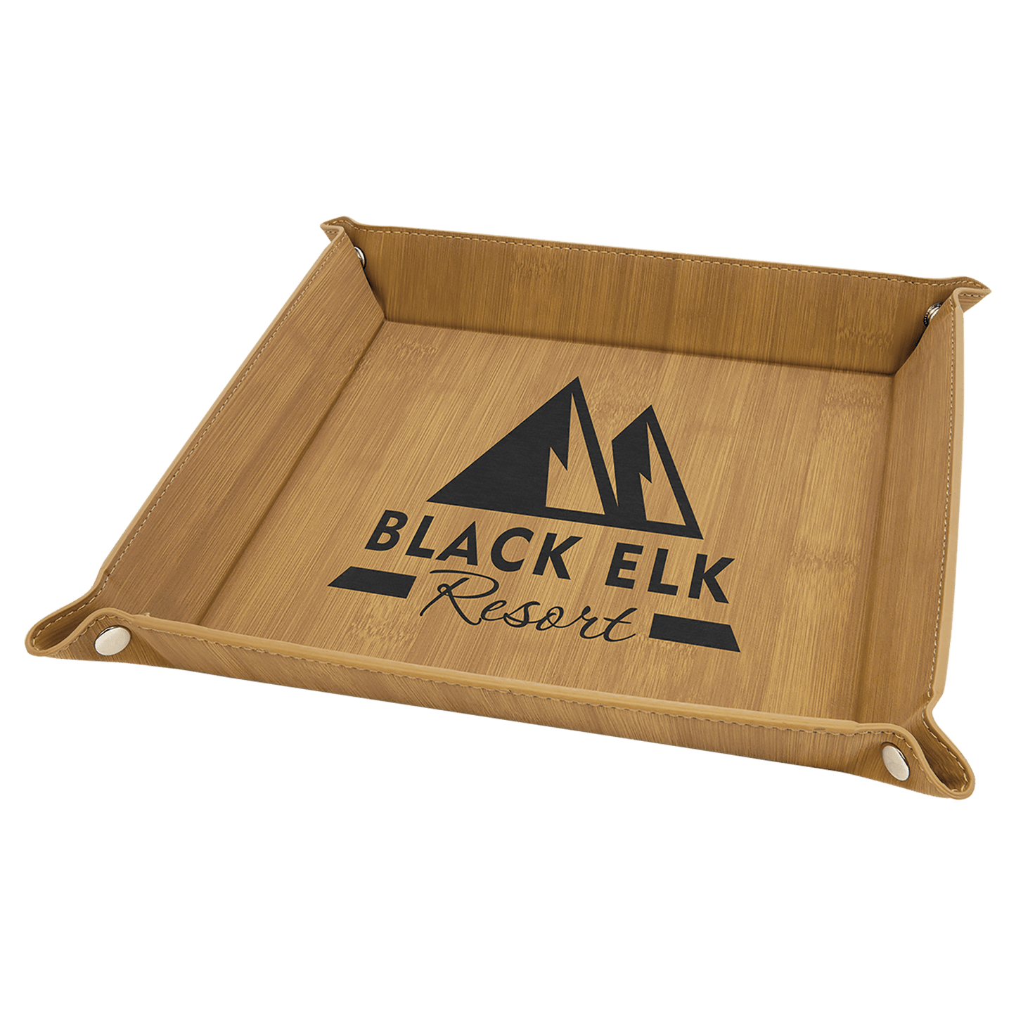 9" x 9" Bamboo Laserable Leatherette Snap Up Tray with Silver Snaps