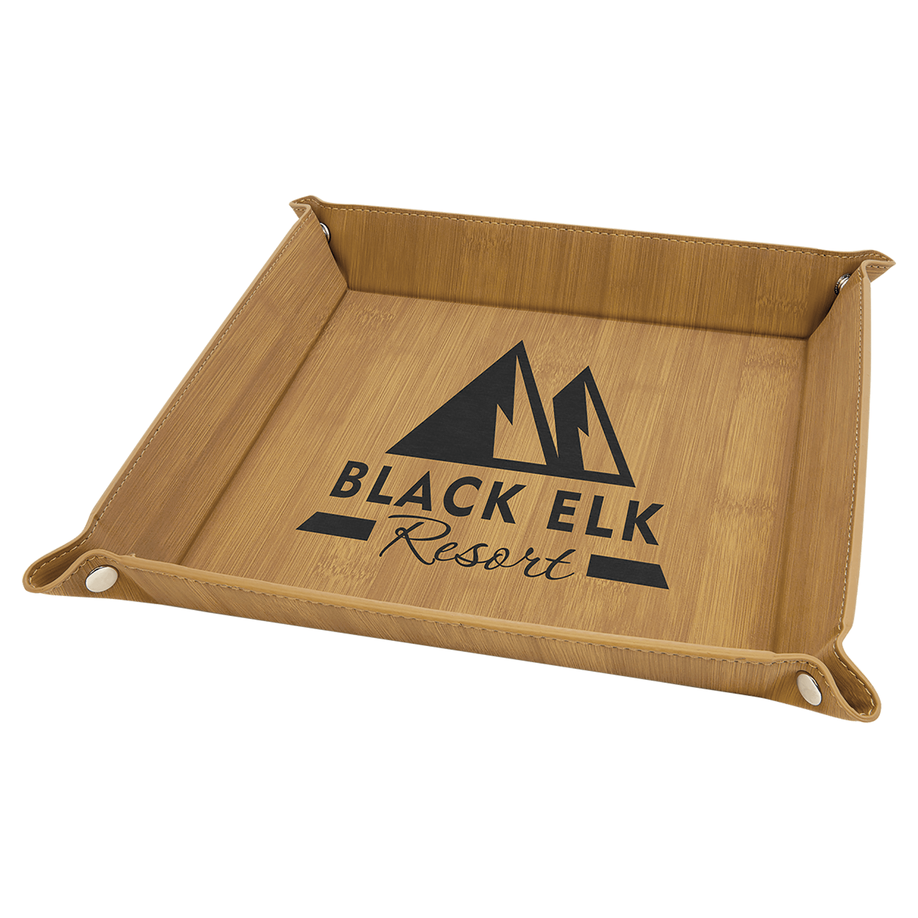 9" x 9" Bamboo Laserable Leatherette Snap Up Tray with Silver Snaps