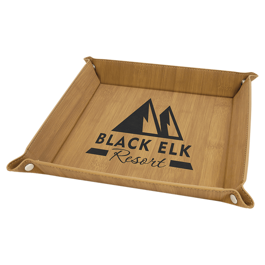 9" x 9" Bamboo Laserable Leatherette Snap Up Tray with Silver Snaps