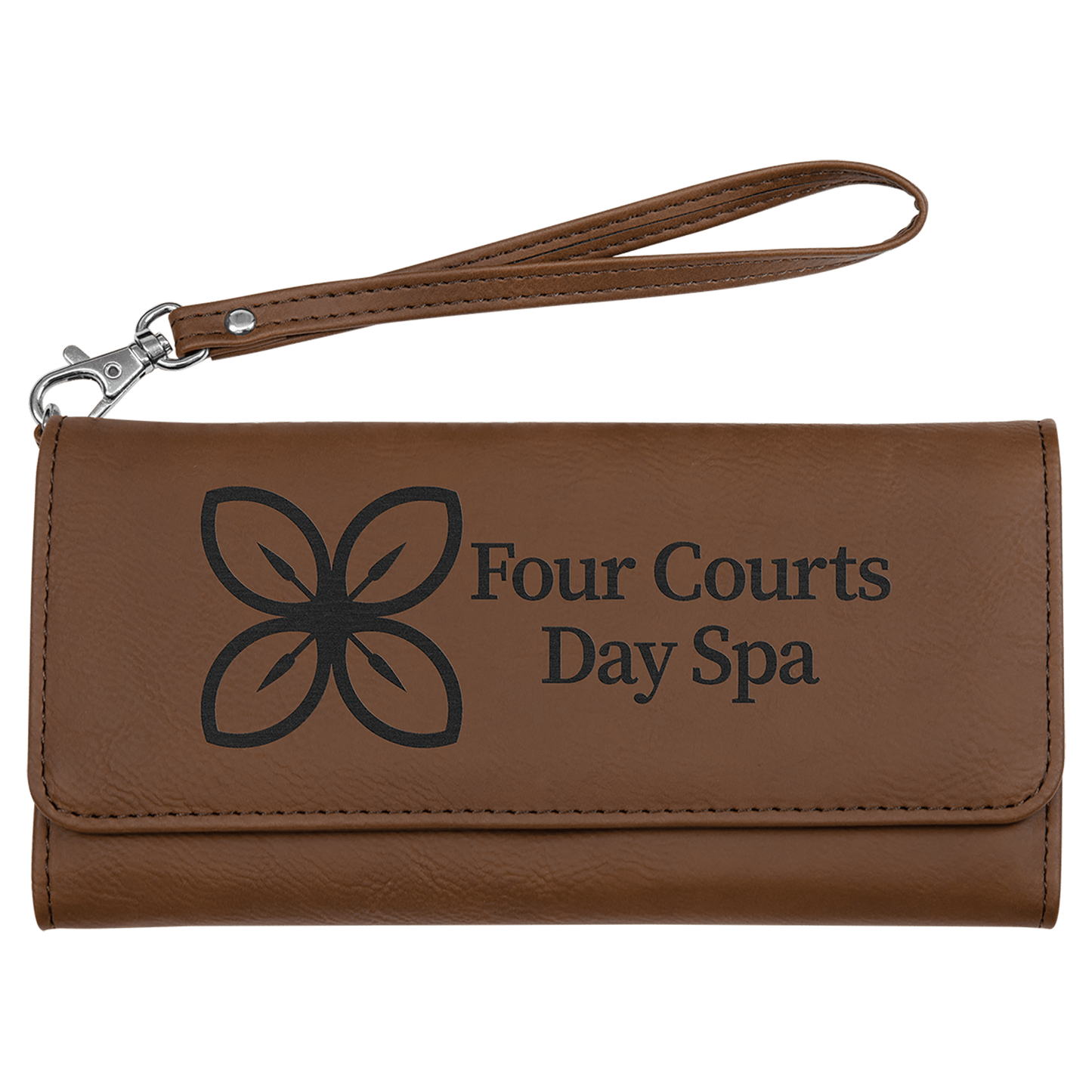Dark Brown Engravable Leatherette Wallet with Strap - 7 1/2" x 4"