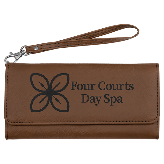 Dark Brown Engravable Leatherette Wallet with Strap - 7 1/2" x 4"