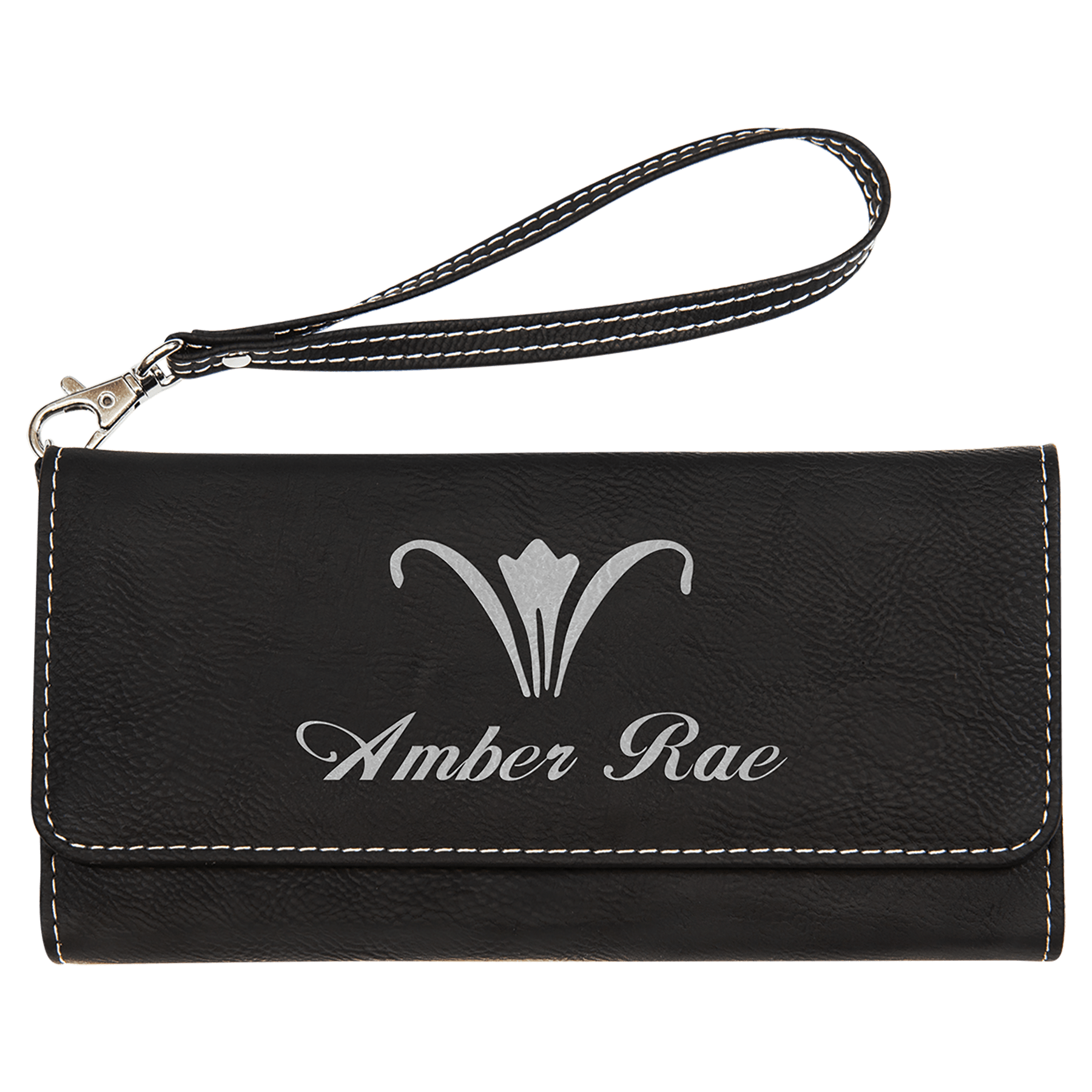 Black/Silver Engravable Leatherette Wallet with Strap - 7 1/2" x 4"