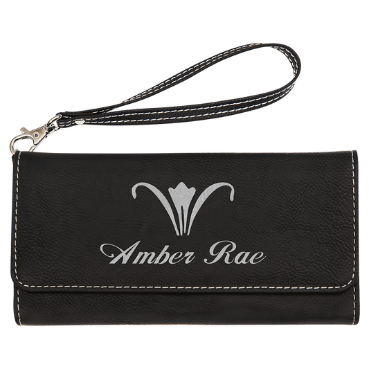 7 1/2" x 4" Black/Silver Laserable Leatherette Wallet with Strap