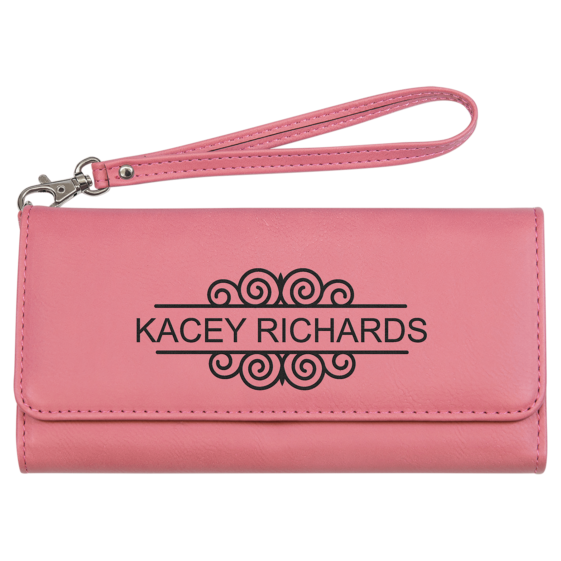 Pink Engravable Leatherette Wallet with Strap - 7 1/2" x 4"
