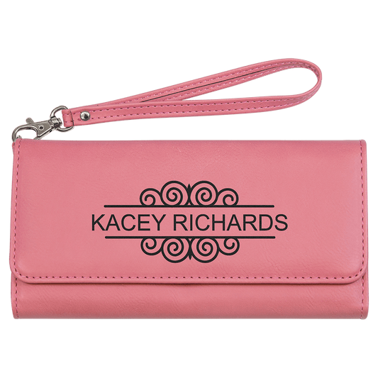 Pink Engravable Leatherette Wallet with Strap - 7 1/2" x 4"