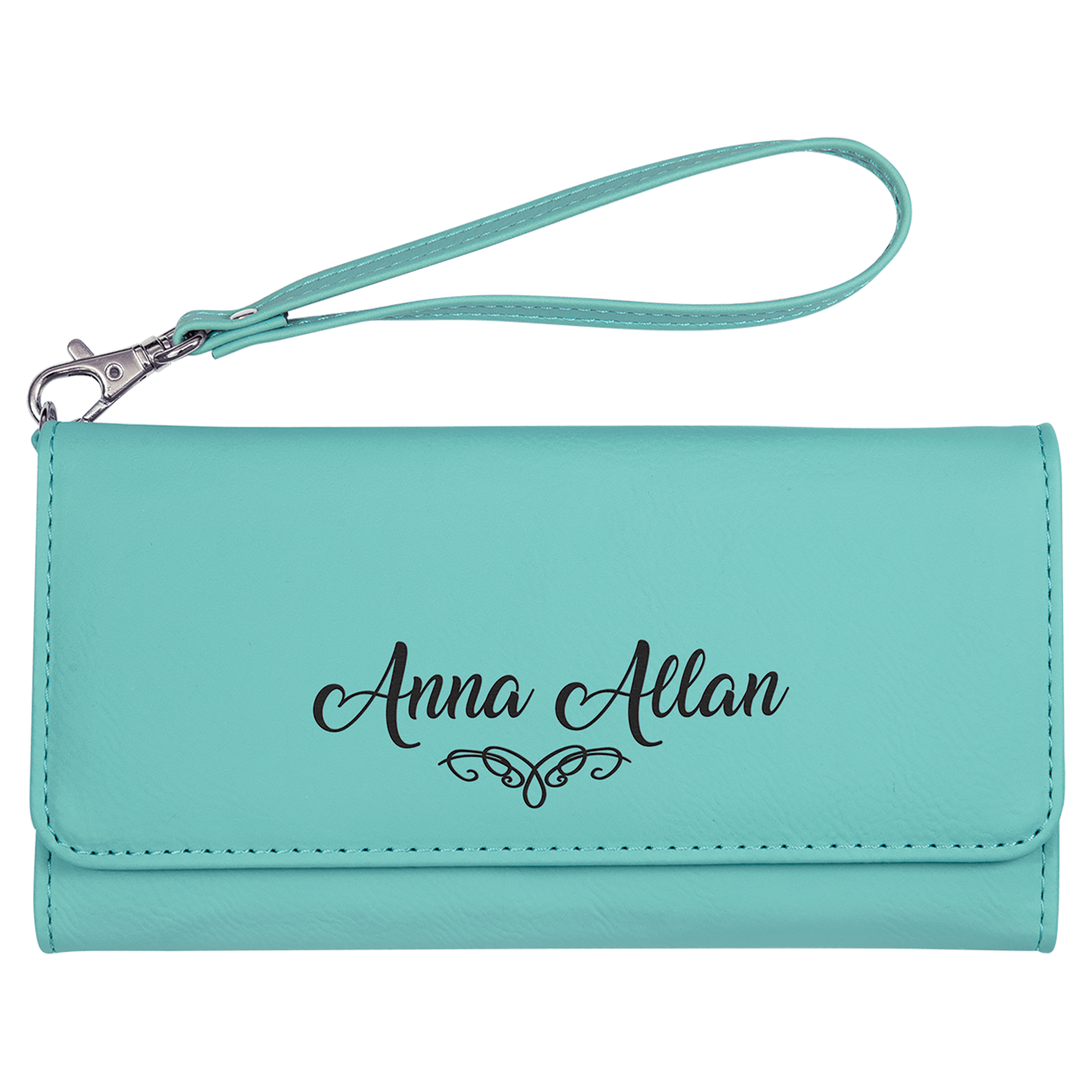 Teal Engravable Leatherette Wallet with Strap - 7 1/2" x 4"