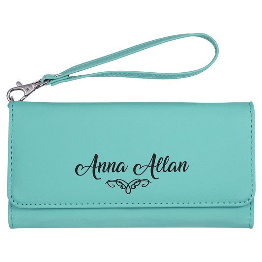 Teal Engravable Leatherette Wallet with Strap - 7 1/2" x 4"