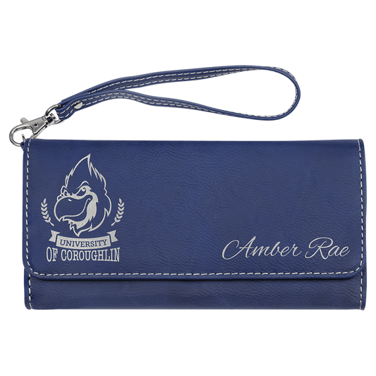 Blue/Silver Engravable Leatherette Wallet with Strap - 7 1/2" x 4"
