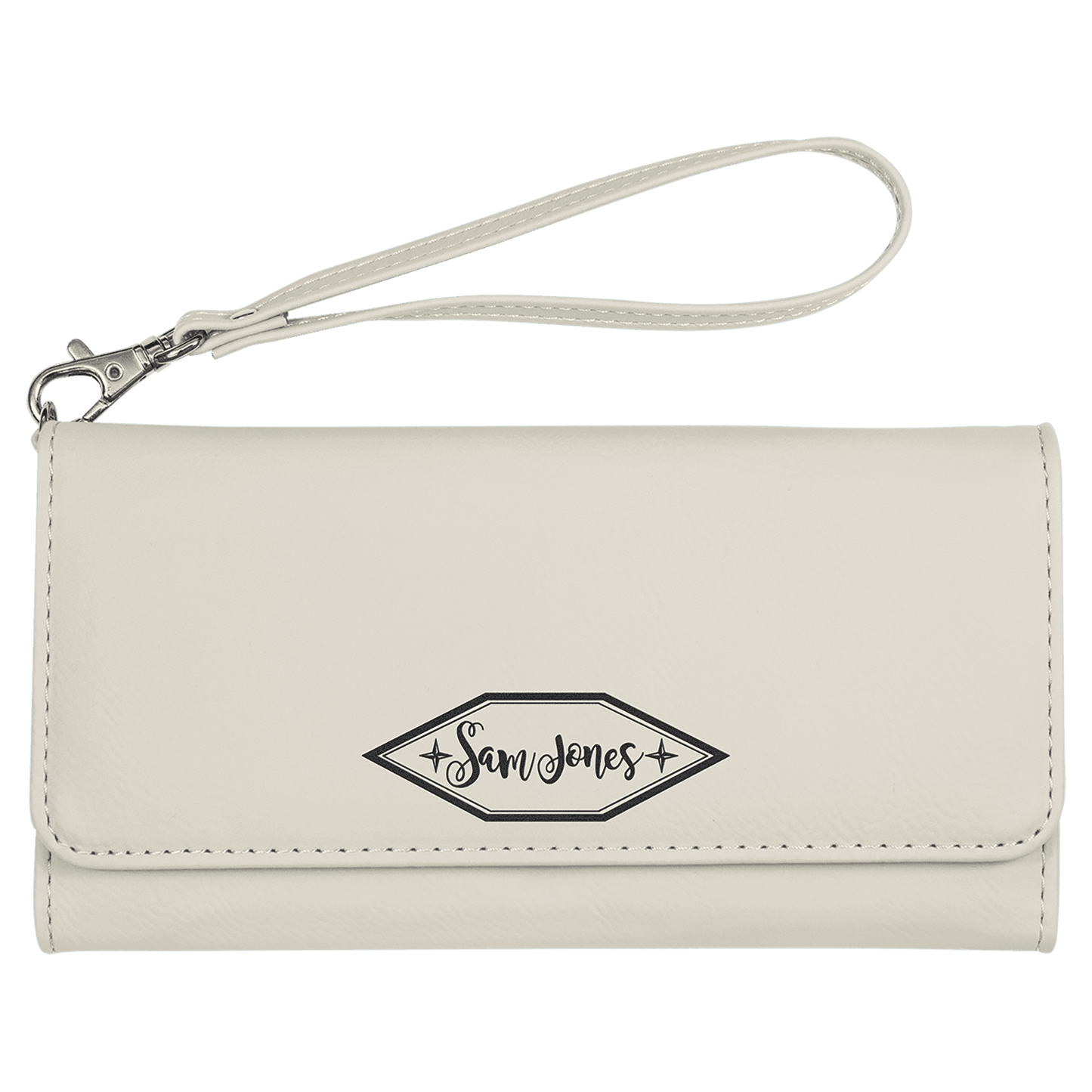 White Engravable Leatherette Wallet with Strap - 7 1/2" x 4"