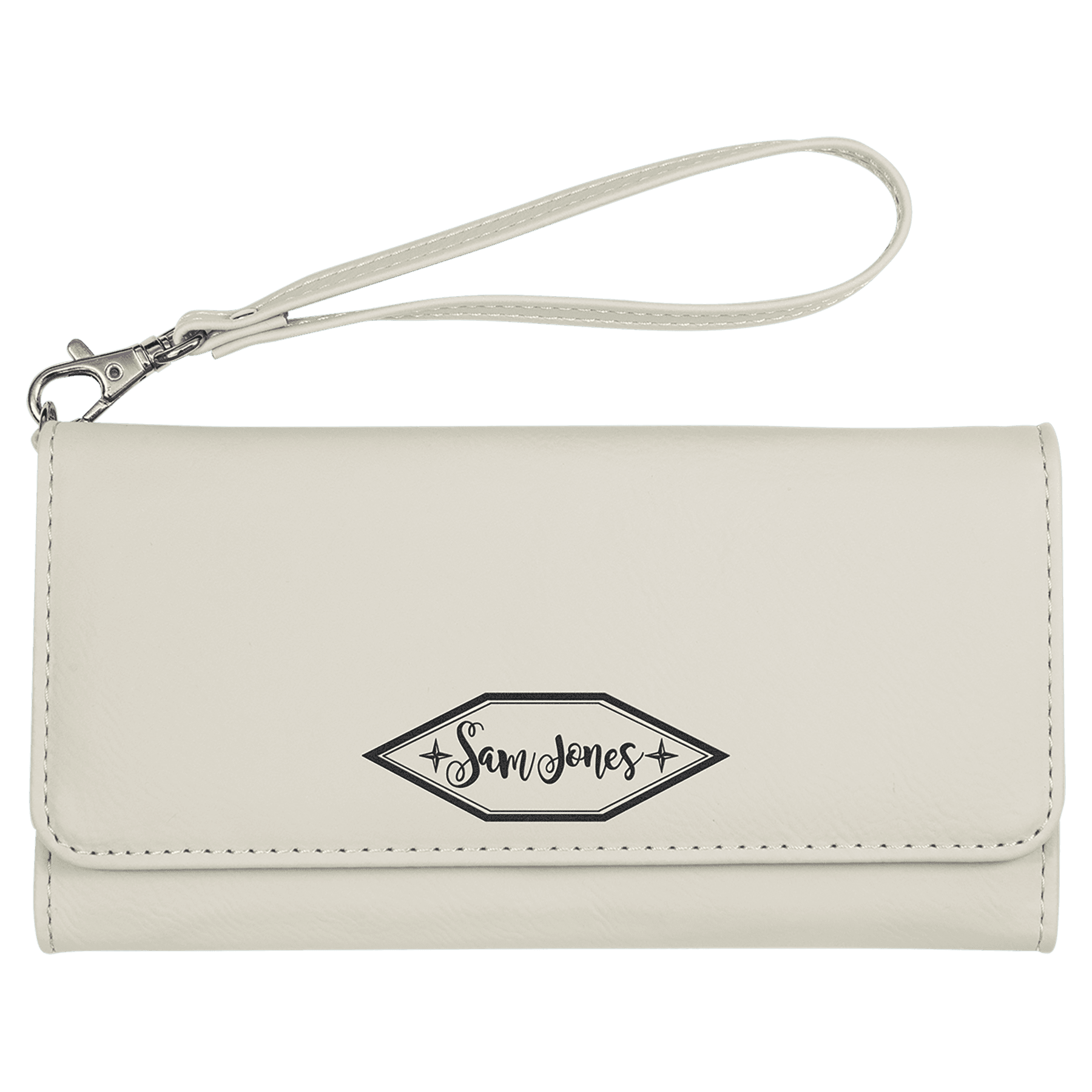 White Engravable Leatherette Wallet with Strap - 7 1/2" x 4"