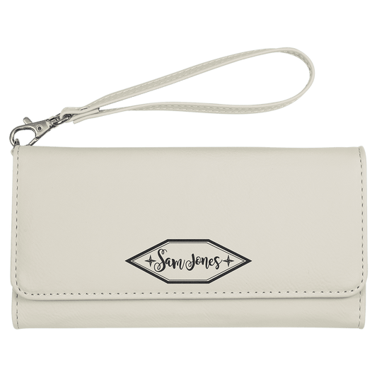 White Engravable Leatherette Wallet with Strap - 7 1/2" x 4"