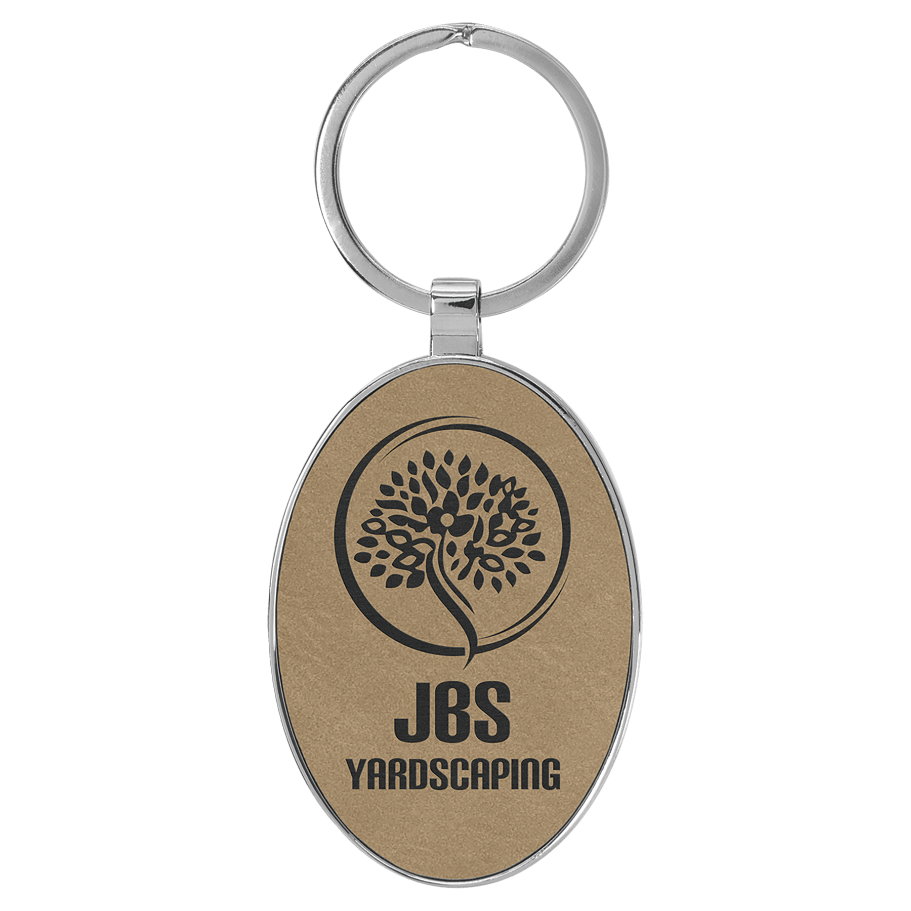Engravable Leatherette/Metal Light Brown Oval Keychain - 3" x 1 3/4"