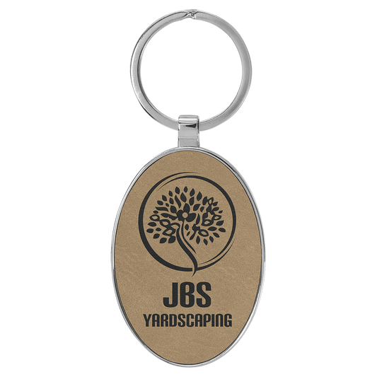3" x 1 3/4" Laserable Leatherette/Metal Light Brown Oval Keychain