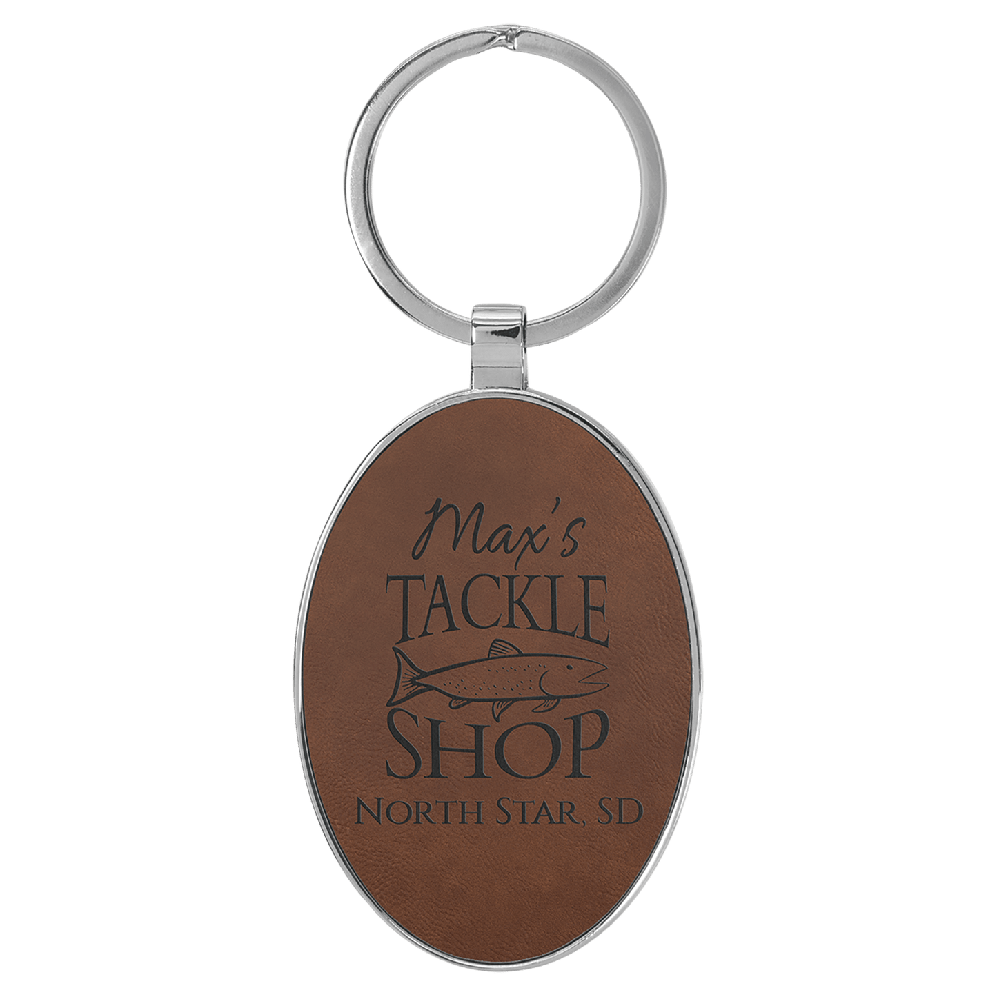 Engravable Leatherette/Metal Dark Brown Oval Keychain - 3" x 1 3/4"