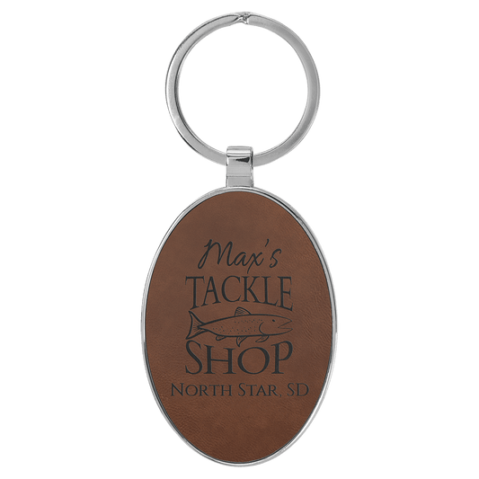 Engravable Leatherette/Metal Dark Brown Oval Keychain - 3" x 1 3/4"