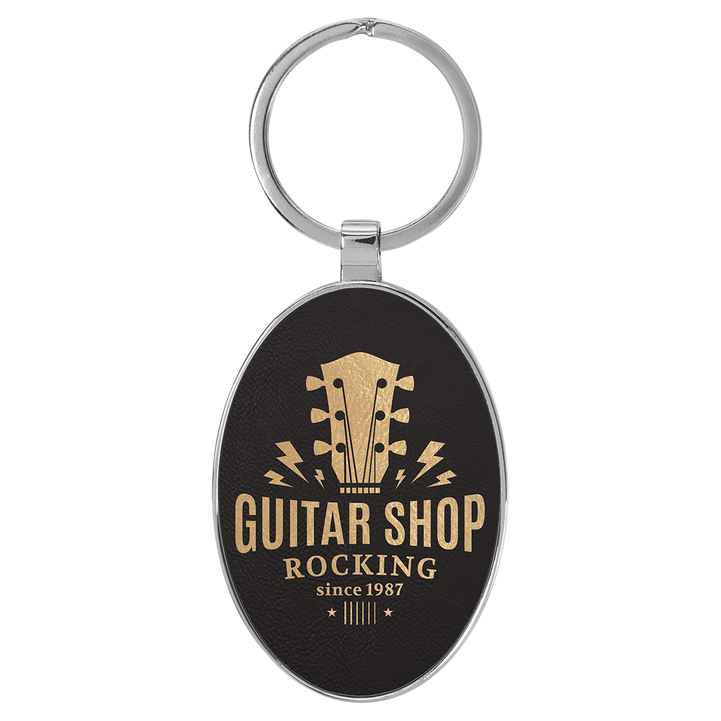 Engravable Leatherette/Metal Black/Gold Oval Keychain - 3" x 1 3/4"