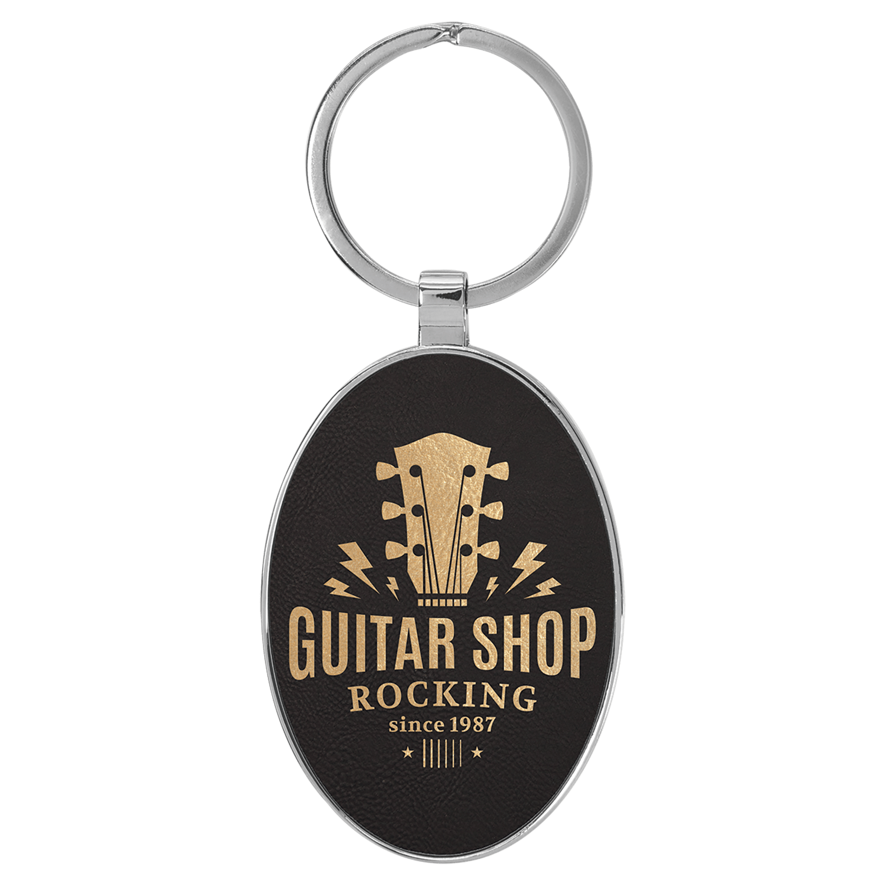 Engravable Leatherette/Metal Black/Gold Oval Keychain - 3" x 1 3/4"